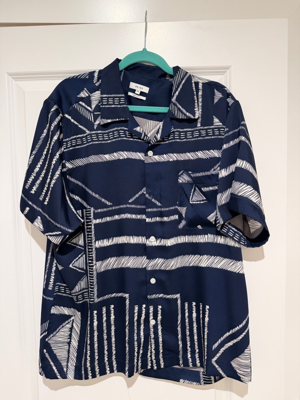 Reiss Navy and White Geometric Short Sleeve Button Shirt